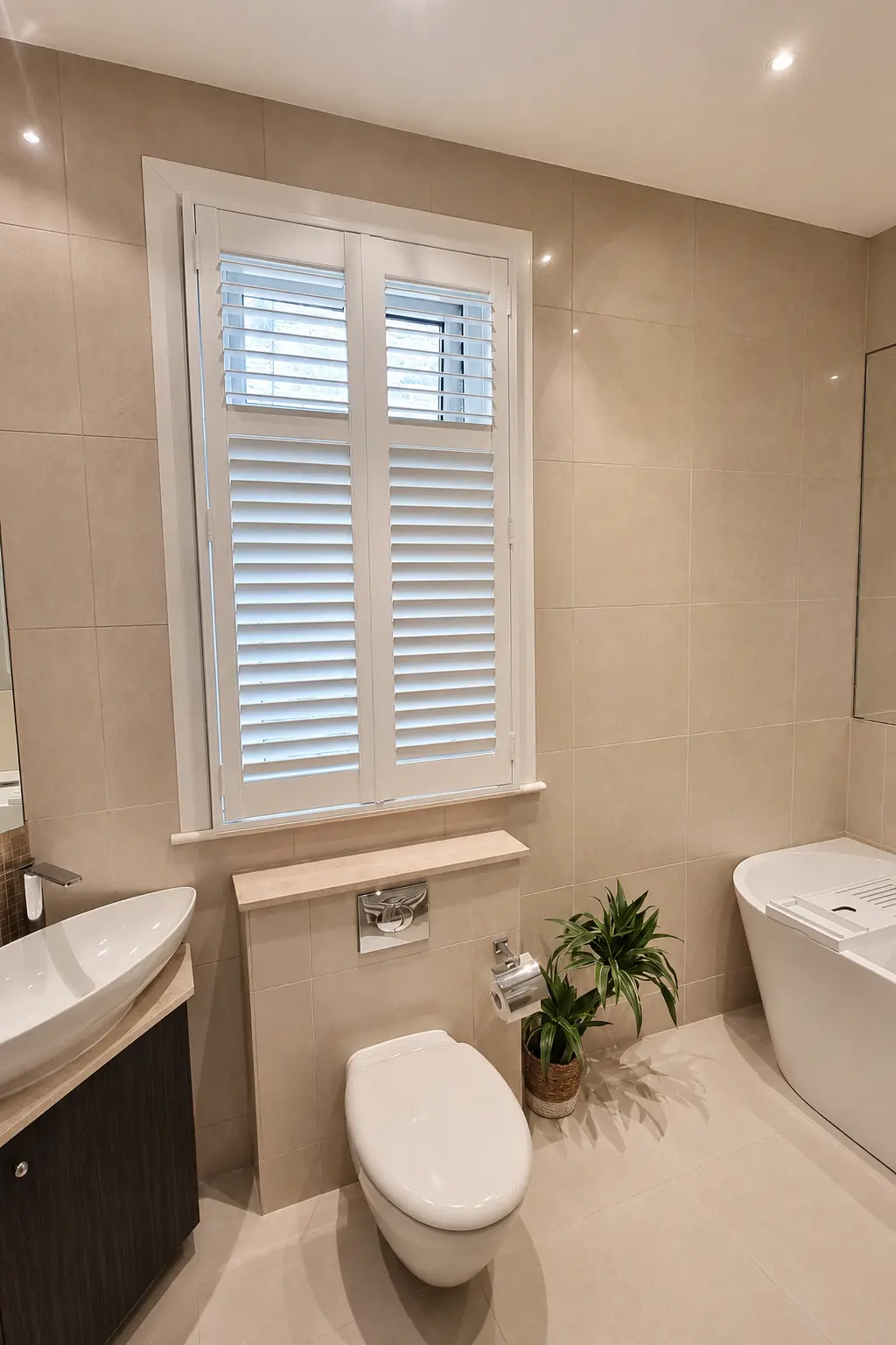 White full-height shutters at a narrow bathroom window above the toilet, with the upper louvres open.
