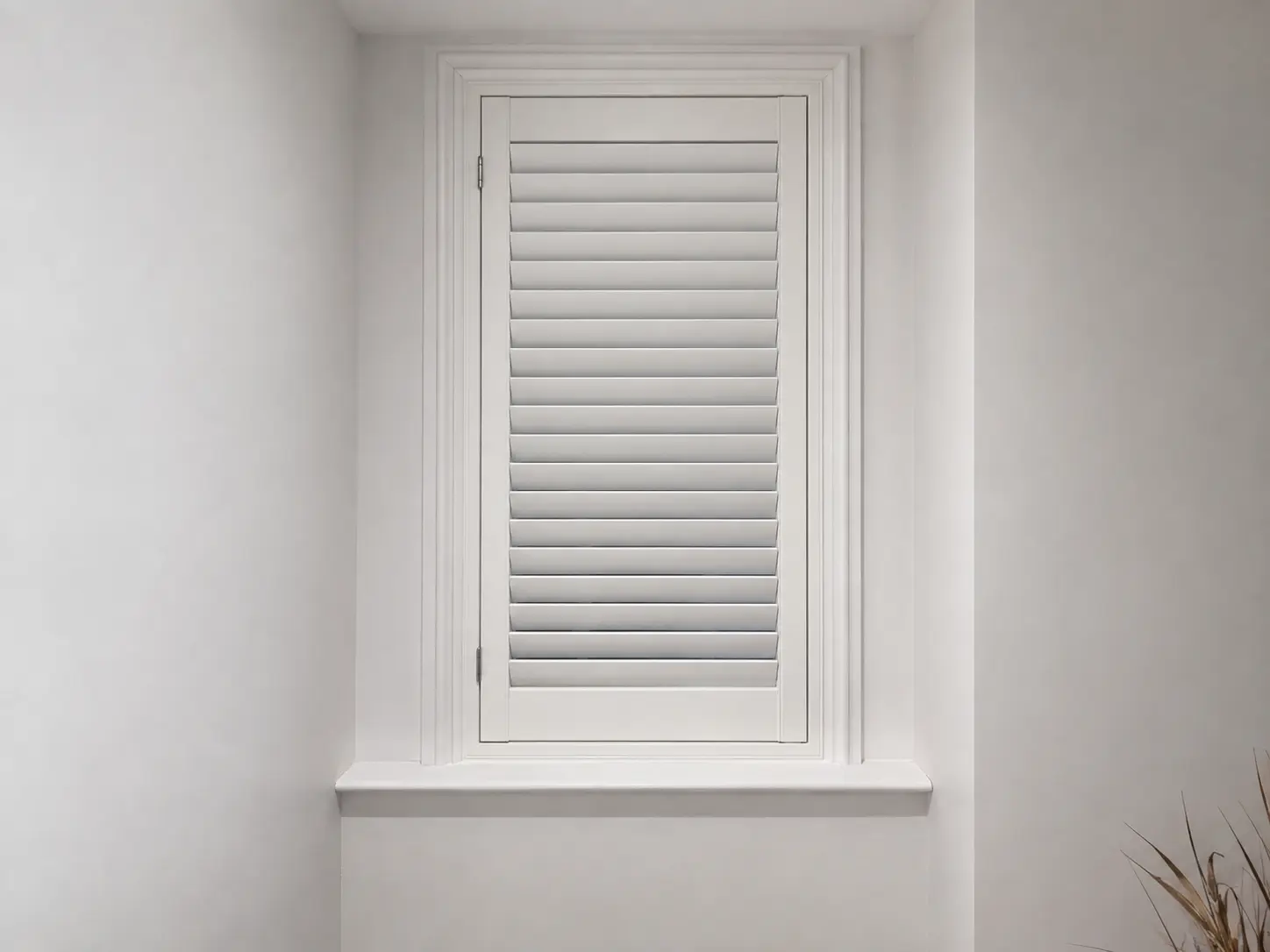 A single white full-height shutter panel with closed louvres at a narrow hallway window.