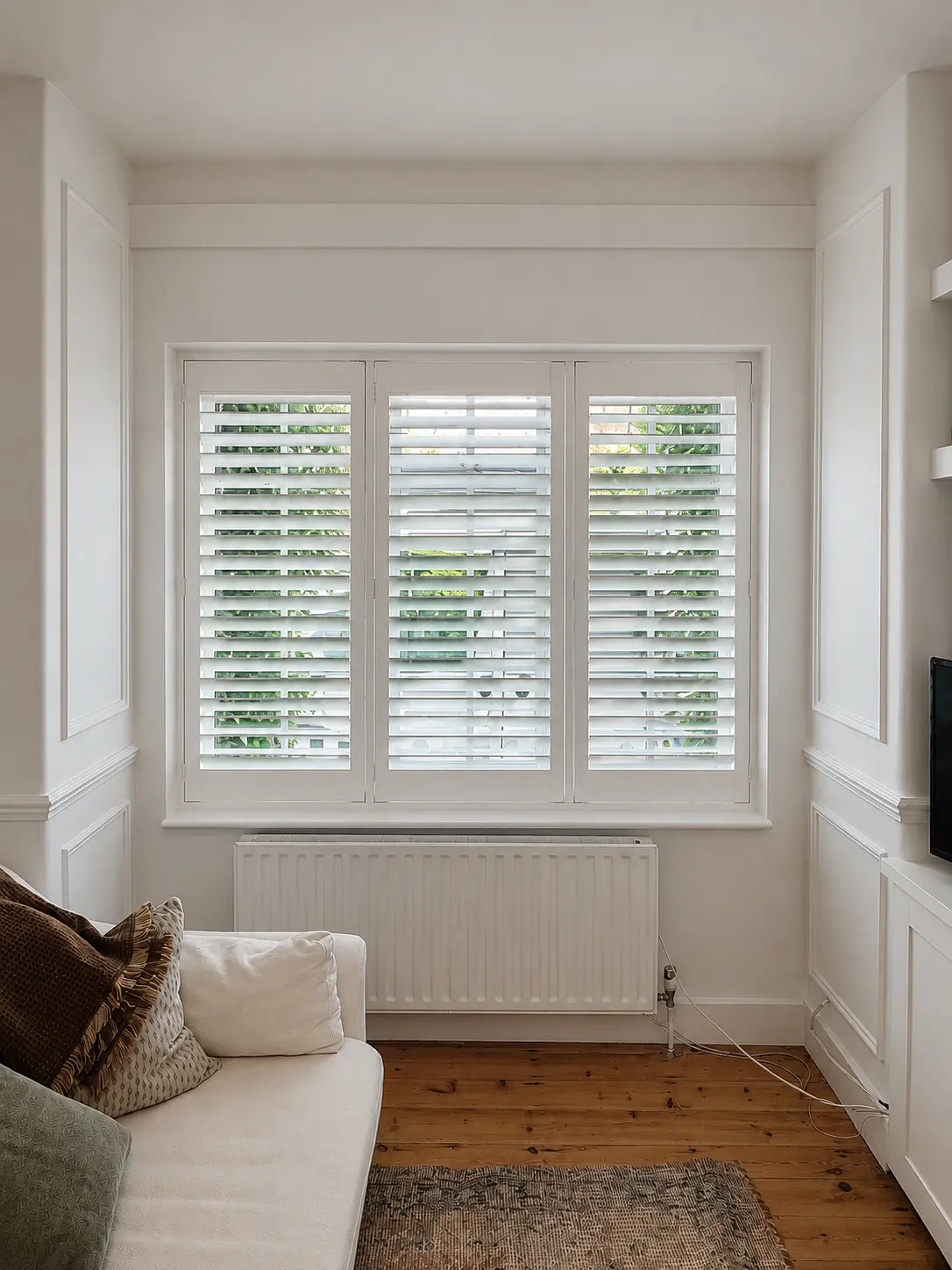 Three white full-height shutter panels above a radiator in a narrow living room with wooden flooring.