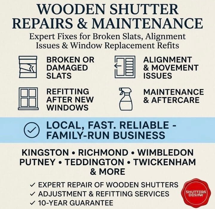 wooden shutter repairs south west london - broken slats alignment refitting